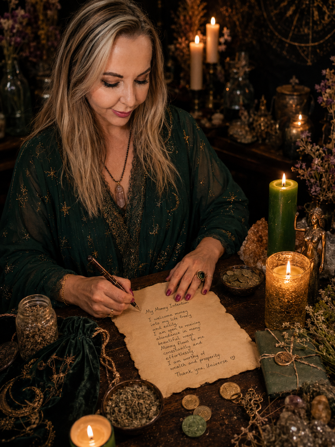 Belinda writing a money intention petition for the Debt Relief and Money Harmony Spell with green and gold candles, coins, herbs, and a private ritual altar.