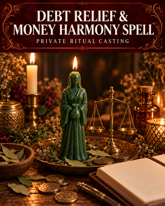 Debt Relief & Money Harmony Spell private ritual casting artwork with stylized figure candles on a warm wooden altar and a burgundy title banner.