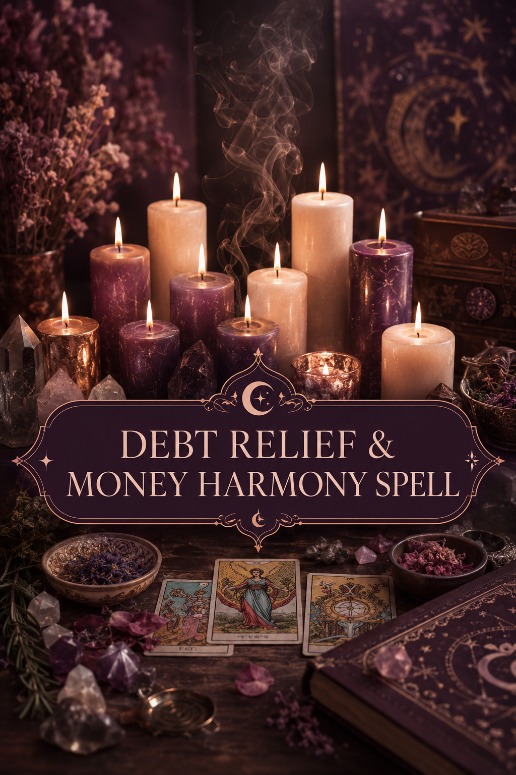 Debt Relief and Money Harmony Spell ritual image with candles, crystals, herbs, and spiritual tools for financial balance and clarity