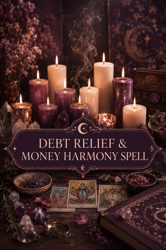 Debt Relief and Money Harmony Spell ritual image with candles, crystals, herbs, and spiritual tools for financial balance and clarity