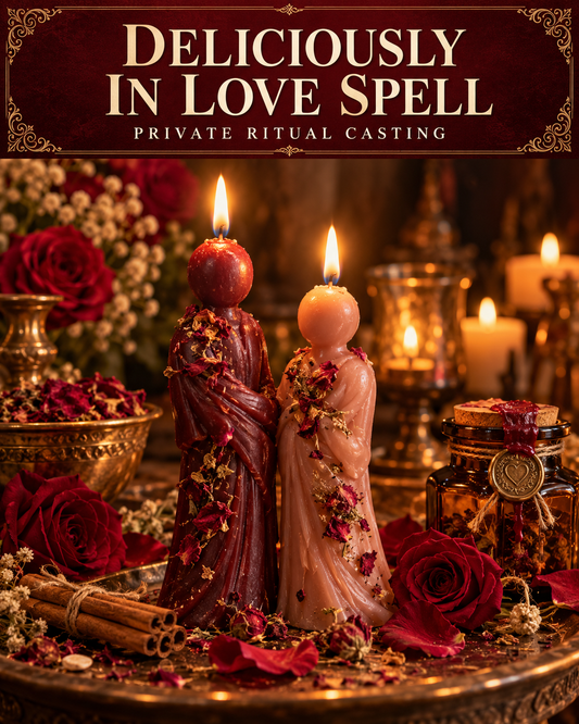 Deliciously In Love Spell private ritual casting artwork with stylized wax figure candles on a warm wooden altar