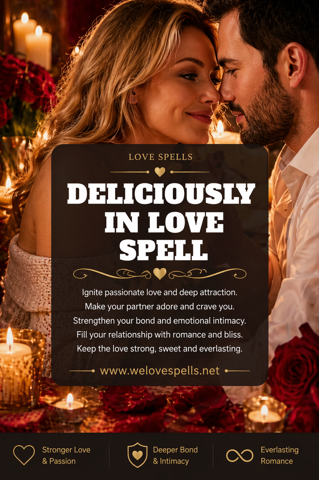 Romantic couple gazing at each other in a warm candlelit setting with roses, symbolizing a deliciously in love spell to deepen passion, emotional connection and lasting romance by Belinda