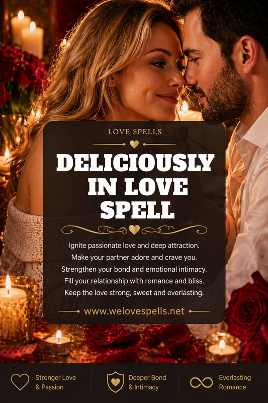 Romantic couple gazing at each other in a warm candlelit setting with roses, symbolizing a deliciously in love spell to deepen passion, emotional connection and lasting romance by Belinda