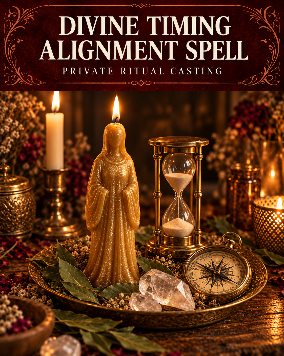 Divine Timing Alignment Spell private ritual casting artwork with stylized figure candles on a warm wooden altar and a burgundy title banner.
