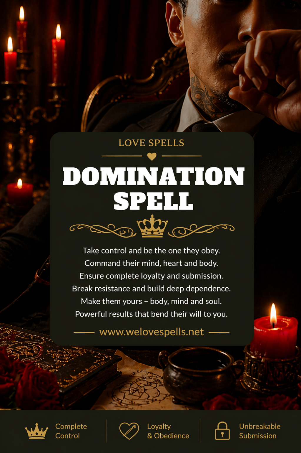 Dark moody scene of a confident man in a candlelit setting with occult elements, symbolizing a domination spell for control, power, loyalty and influence in love and relationships by Belinda