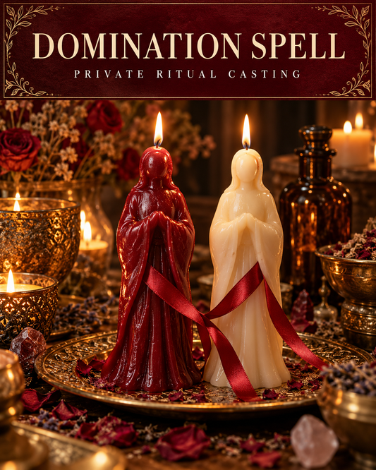 Domination Spell — private ritual casting, with stylized figure candles on a warm wooden altar.