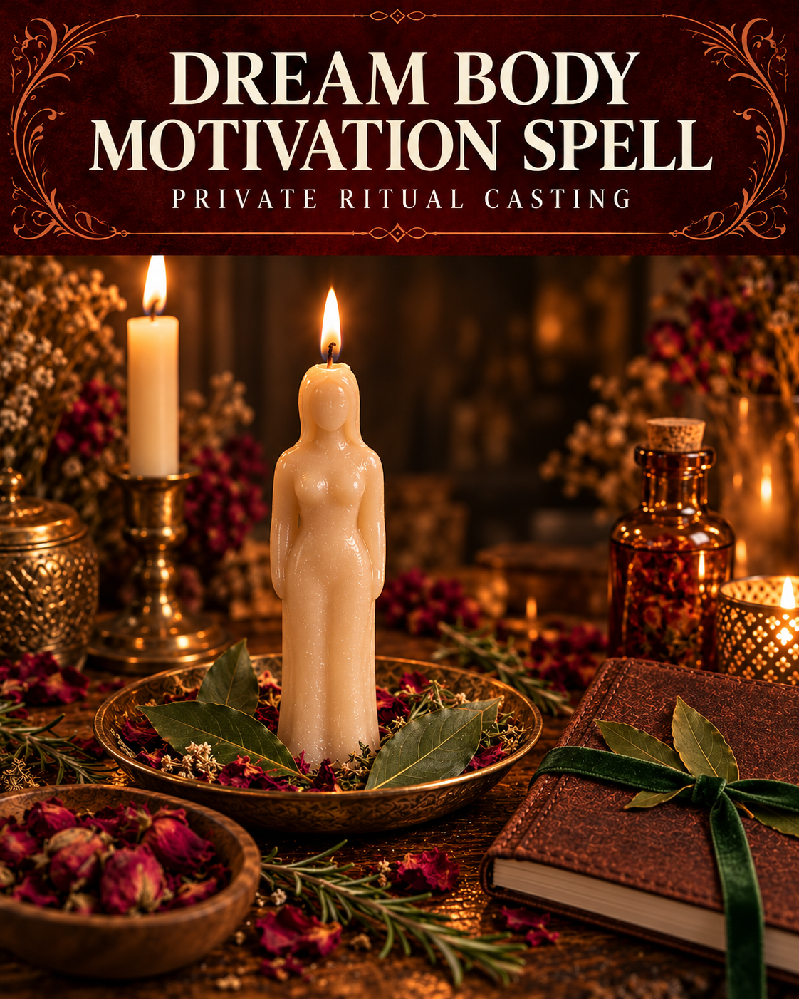 Dream Body Motivation Spell private ritual casting artwork with stylized figure candles on a warm wooden altar and a burgundy title banner.