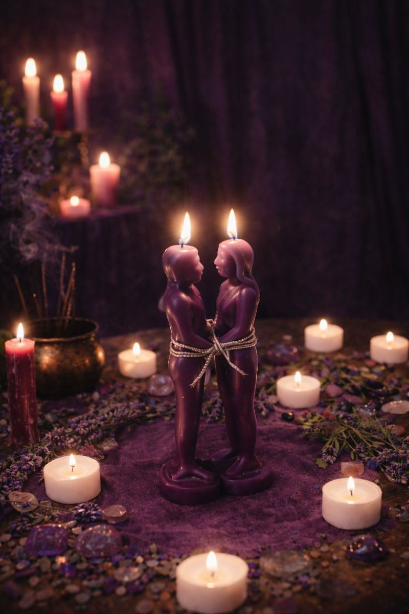 Dream of Me Spell altar with two purple figure candles tied together, tea lights, crystals, and incense for gentle dream connection and “think of me” energy.