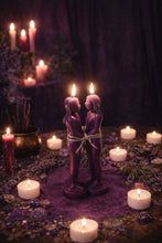 Afbeelding in Gallery-weergave laden, Dream of Me Spell altar with two purple figure candles tied together, tea lights, crystals, and incense for gentle dream connection and “think of me” energy.