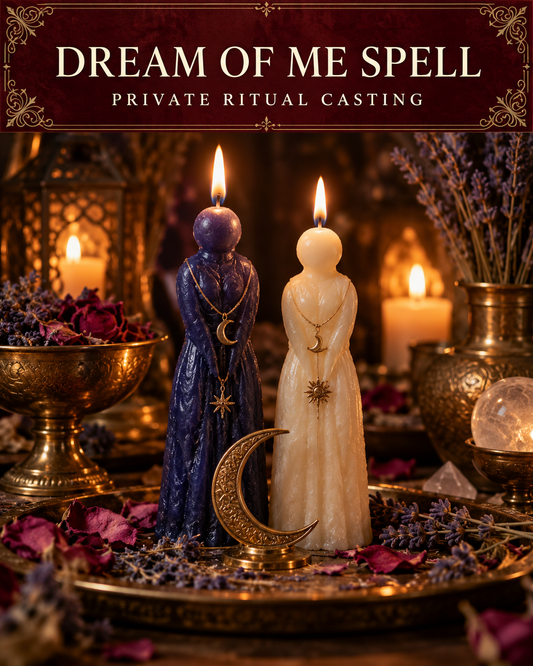 Dream of Me Spell private ritual casting artwork with stylized wax figure candles on a warm wooden altar