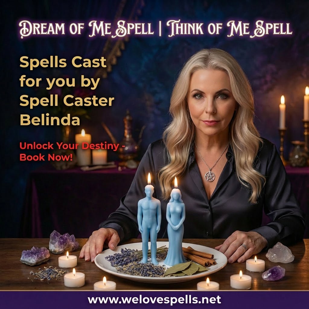 Dream of Me Spell | Think of Me Spell promotional image showing the spell caster at a candlelit altar with crystals and figure candles, We Love Spells.
