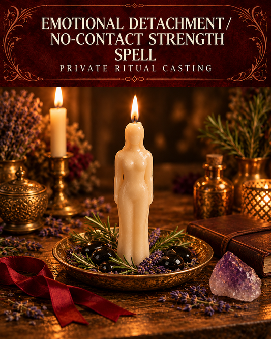 Emotional Detachment / No-Contact Strength Spell promotional illustration with an ivory figure candle, lavender, rosemary, polished black stones, amethyst and a journal on a candlelit altar.