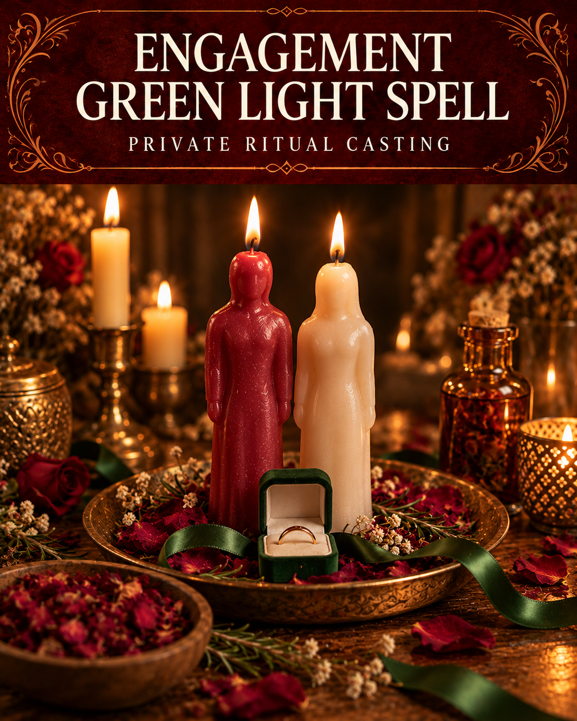 Engagement Green Light Spell private ritual casting artwork with symbolic wax figure candles on a warmly lit altar.