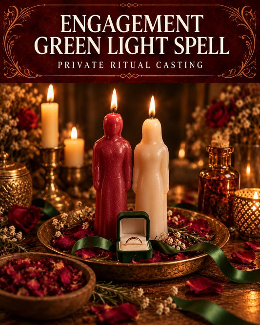 Engagement Green Light Spell private ritual casting artwork with symbolic wax figure candles on a warmly lit altar.