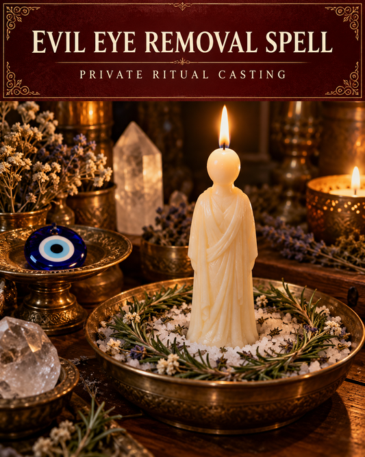 Evil Eye Removal Spell private ritual casting artwork with an ivory wax figure candle, protective herbs, clear quartz and a blue evil-eye charm on a warm wooden altar.