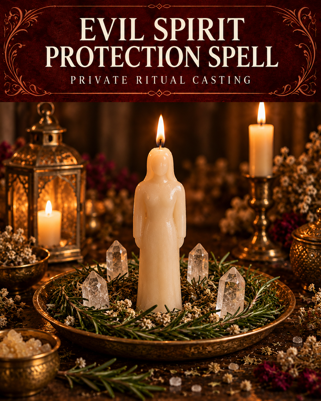 Evil Spirit Protection Spell private ritual casting artwork with symbolic wax figure candles on a warmly lit altar.