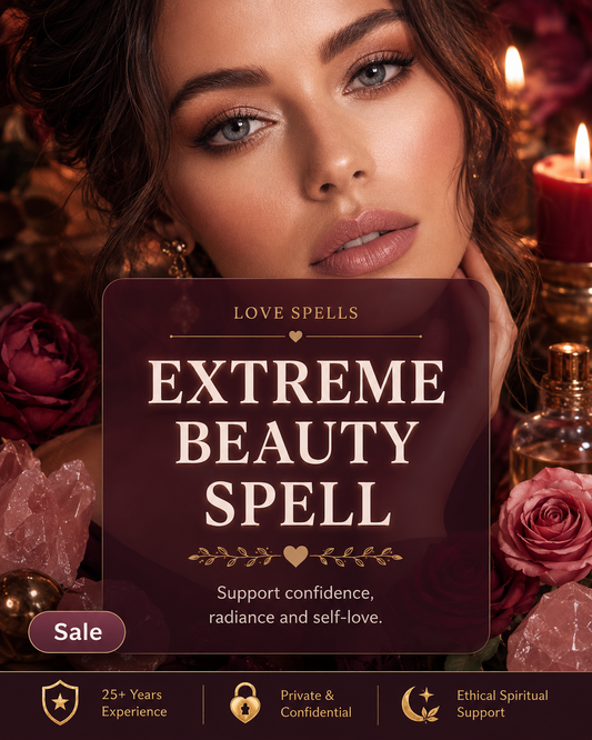 Extreme Beauty Spell by We Love Spells, a private beauty spell casting to support confidence, radiance, self-love, and confidential spiritual guidance by Belinda.