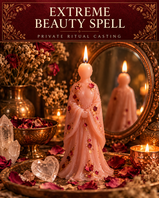 Extreme Beauty Spell — private ritual casting, with stylized figure candles on a warm wooden altar.