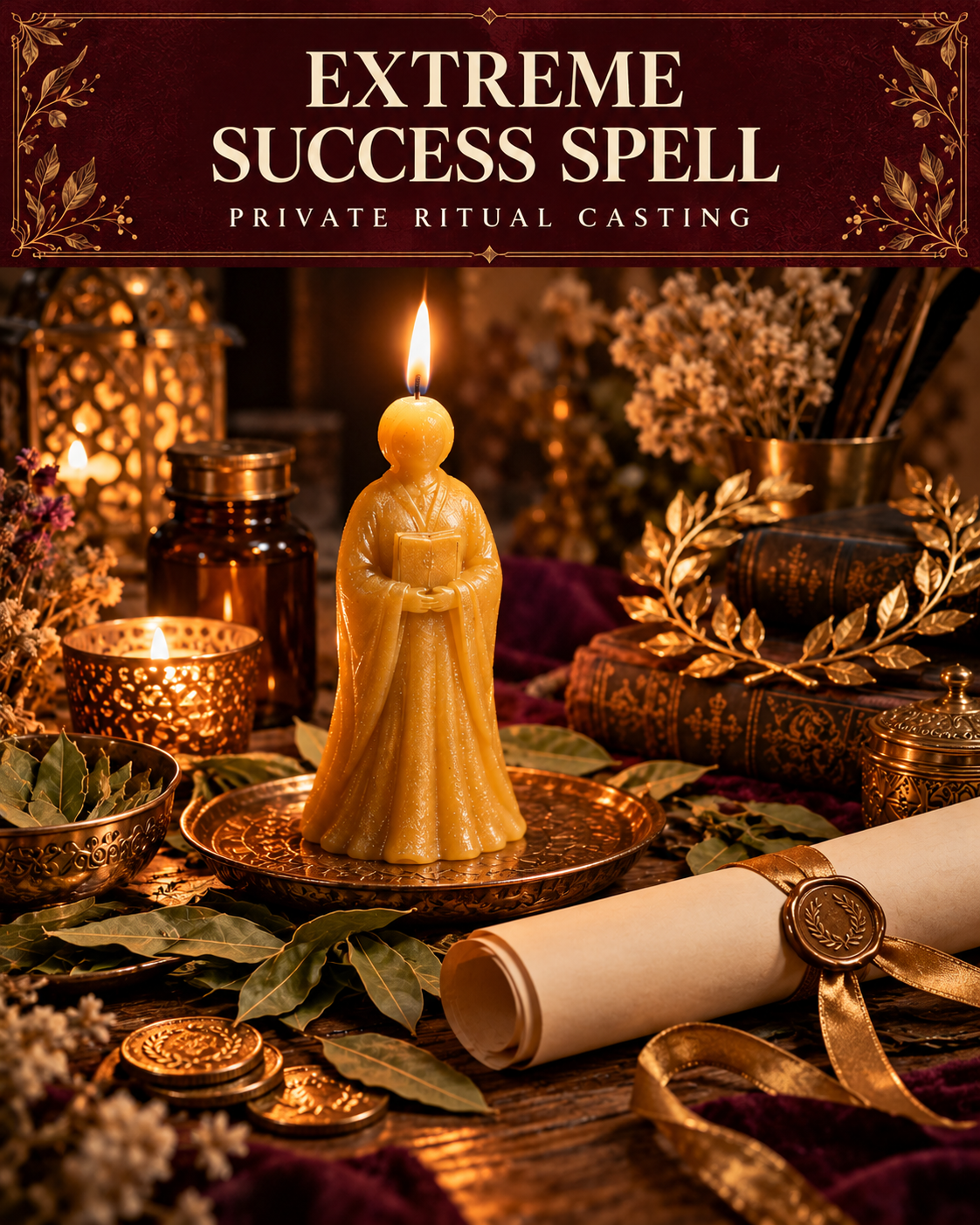 Extreme Success Spell — private ritual casting, with stylized figure candles on a warm wooden altar.