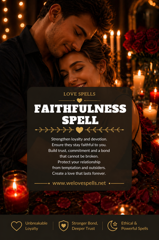 Romantic couple embracing in candlelit setting with roses and warm glow representing a faithfulness love spell to strengthen loyalty, trust and commitment in a relationship by Belinda