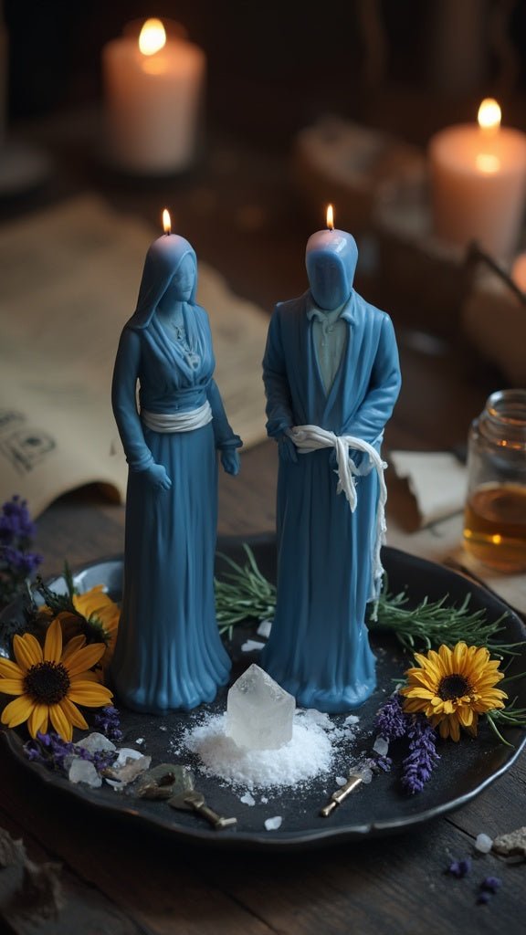 Two blue figure candles tied together in a faithfulness binding spell. A ritual altar setup with herbs and crystals designed to stop cheating, prevent third-party interference, and secure loyalty.