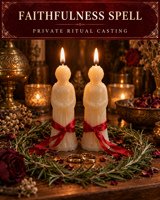 Faithfulness Spell private ritual casting artwork with stylized wax figure candles on a warm wooden altar