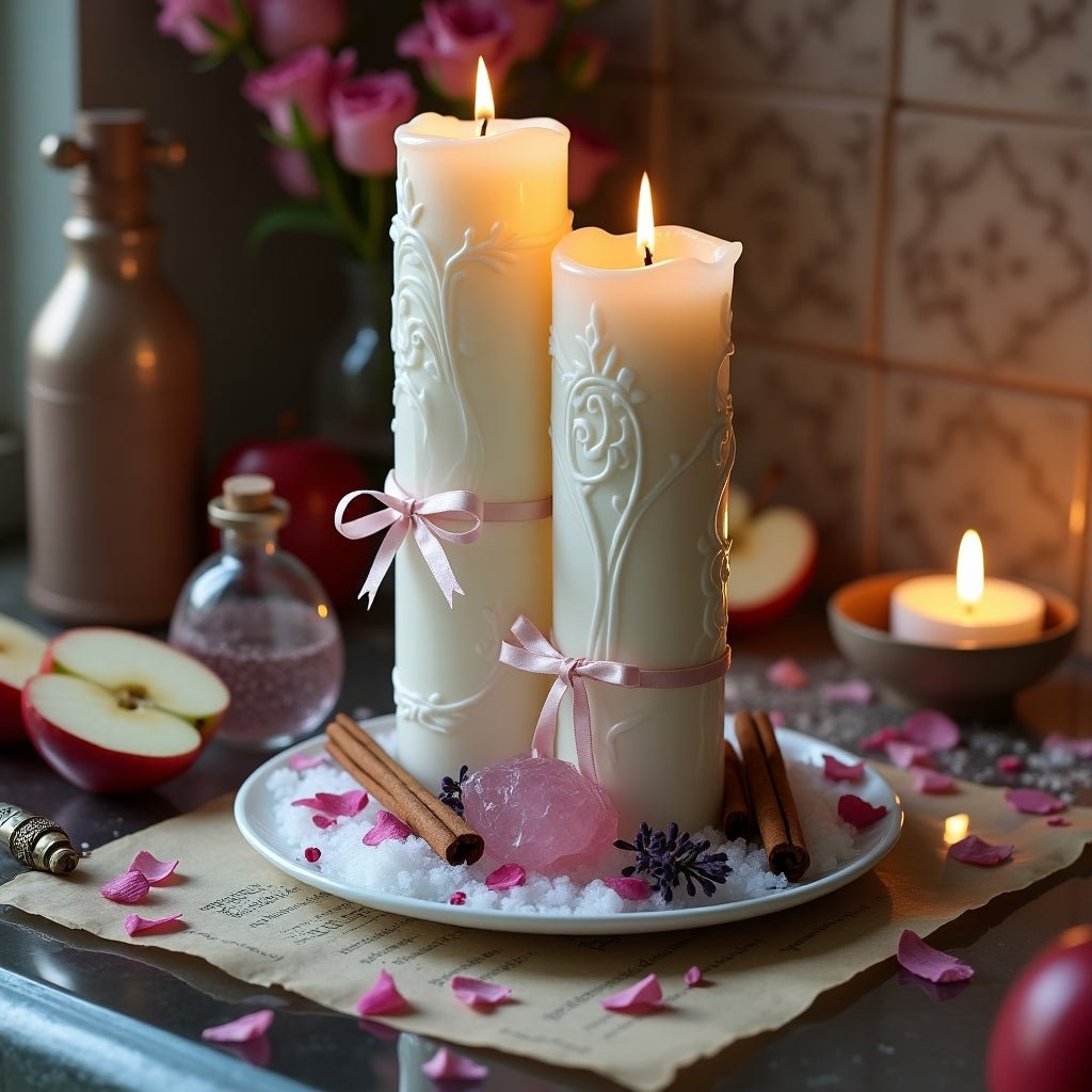White magic faithfulness spell using rose quartz and cinnamon candles. A gentle ritual to sweeten the relationship, ensure loyalty, and restore romantic harmony between partners.