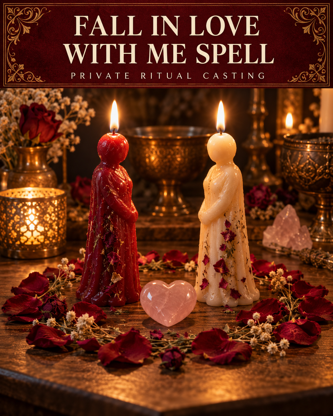 Fall In Love with Me Spell private ritual casting artwork with stylized wax figure candles on a warm wooden altar