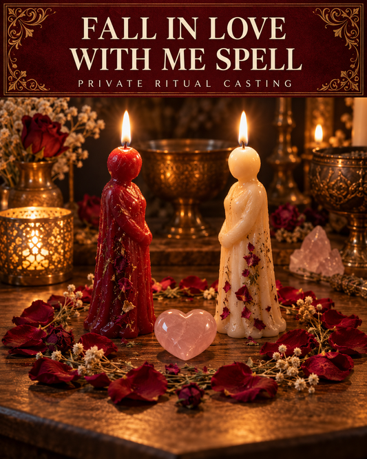 Fall In Love with Me Spell private ritual casting artwork with stylized wax figure candles on a warm wooden altar