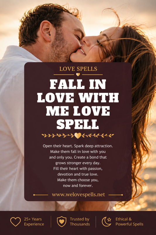 Romantic couple embracing at sunset with warm golden light representing a fall in love with me love spell to attract deep emotional connection and lasting passion by Belinda