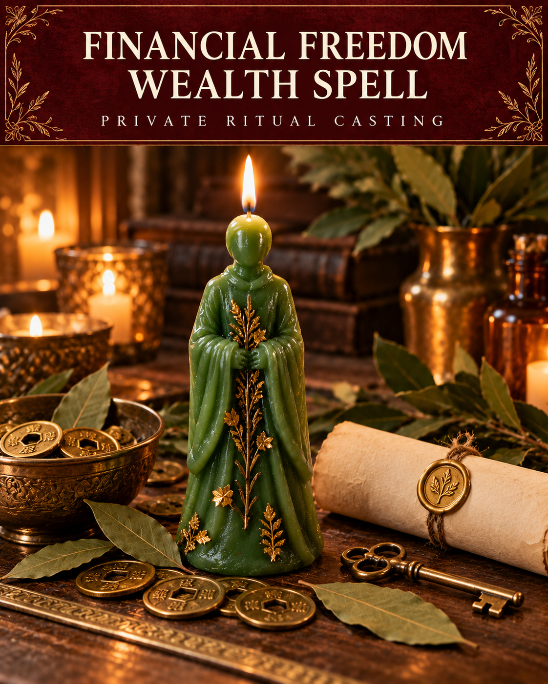 Financial Freedom Wealth Spell — private ritual casting, with stylized figure candles on a warm wooden altar.