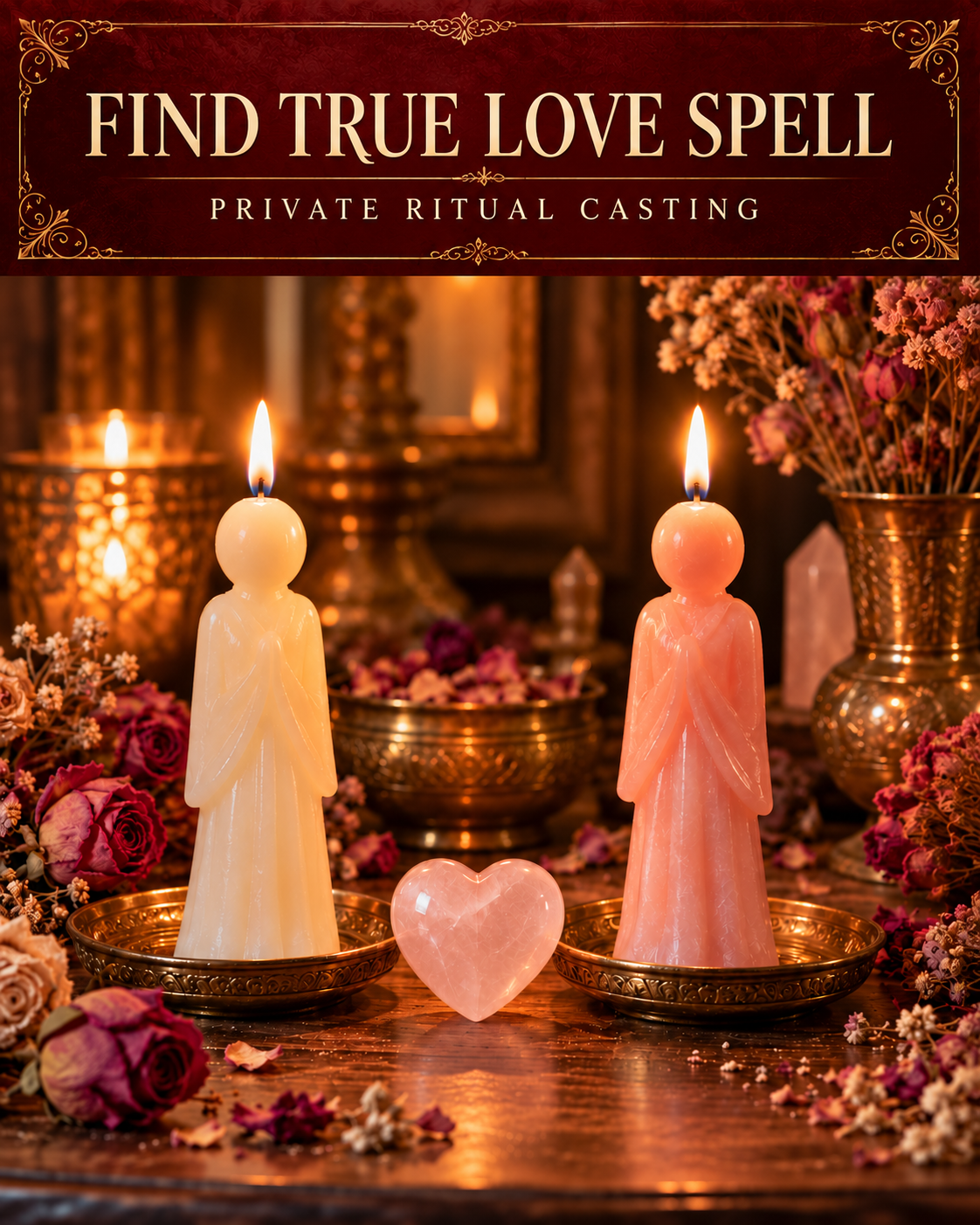 Find True Love Spell private ritual casting artwork with stylized wax figure candles on a warm wooden altar