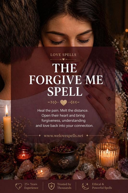 Romantic couple embracing with candlelit healing altar, crystals and ritual elements for a Forgive Me love spell by Belinda