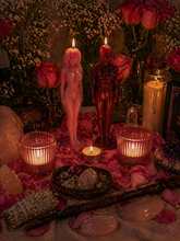 Load image into Gallery viewer, Spell casting altar with male and female figure candles surrounded by rose petals, crystals and candles for a friend to lover love spell ritual by Belinda