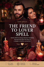 Load image into Gallery viewer, Romantic couple with candlelit spell casting altar, crystals and figure candles representing a friend to lover love spell ritual by Belinda
