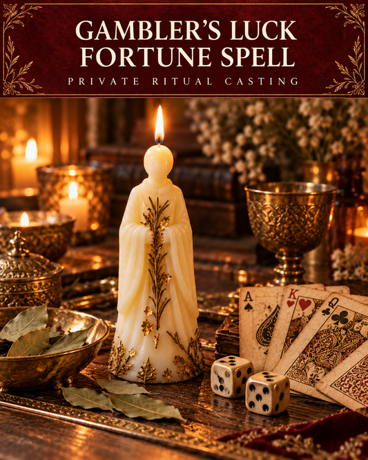 Gambler’s Luck Fortune Spell — private ritual casting, with stylized figure candles on a warm wooden altar.
