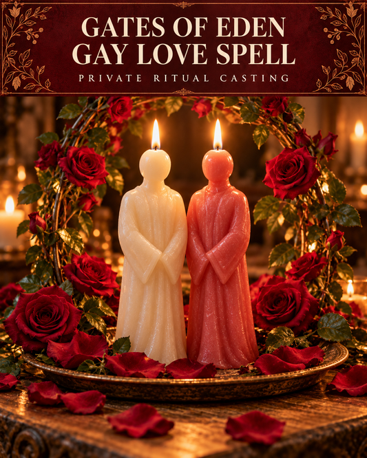 Gates of Eden Gay Love Spell — private ritual casting, with stylized figure candles on a warm wooden altar.