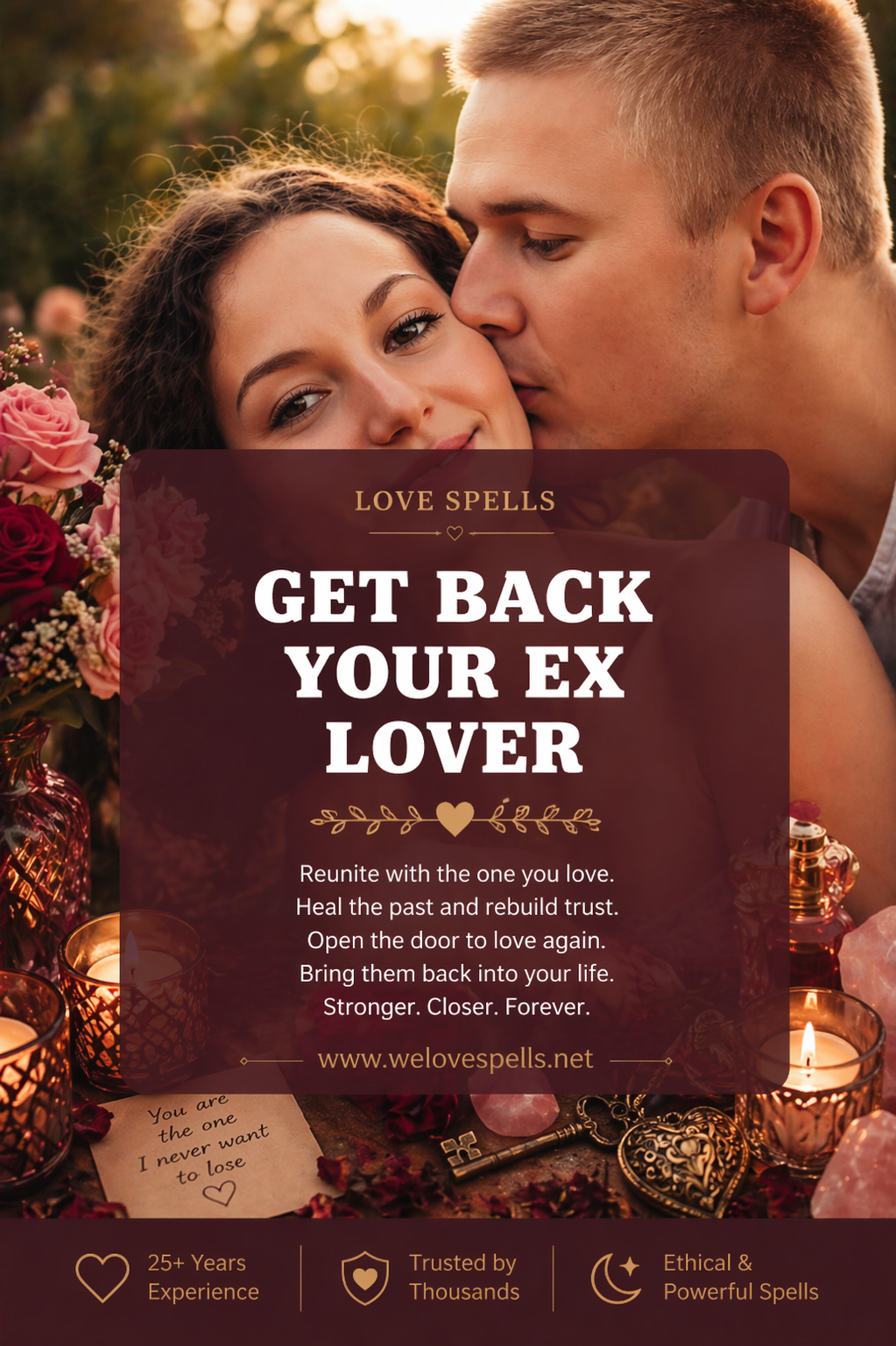Romantic couple reconnecting with warm candlelight, roses and crystals symbolizing a get back your ex lover love spell for reconciliation, healing and restoring lost love by Belinda