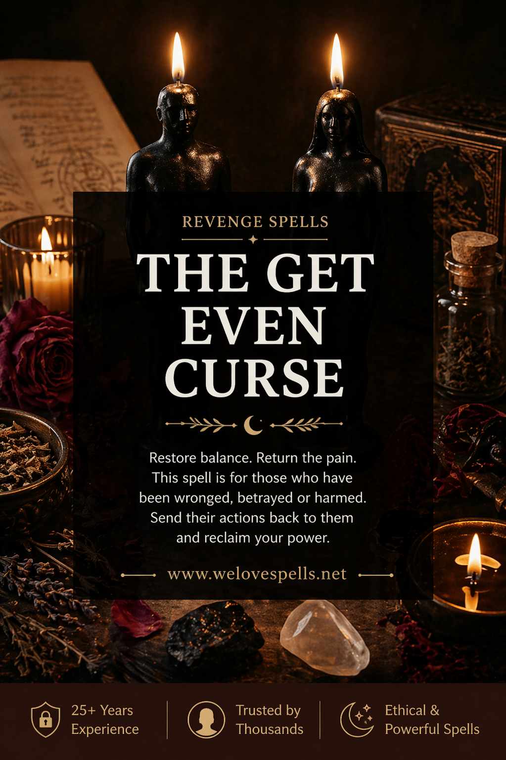 Dark spell casting altar with black male and female figure candles, herbs, crystals and candlelight for a get even curse revenge spell by Belinda