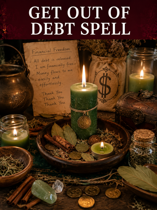 Get Out of Debt Spell homepage image with green candles, coins, bay leaves, cinnamon, herbs, crystals, and financial freedom petition.