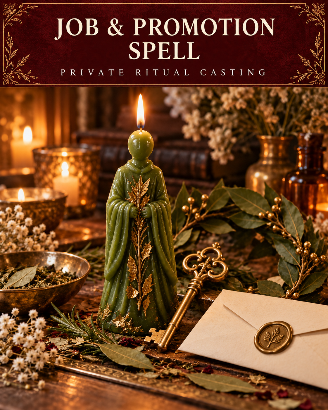Job & Promotion Spell — private ritual casting, with stylized figure candles on a warm wooden altar.