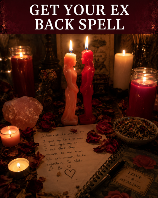 Get Your Ex Back Spell casting altar with red couple figure candles, rose petals, herbs, rose quartz and a handwritten petition.