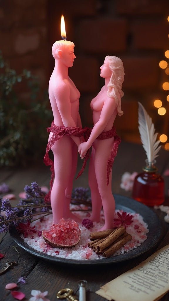 Figure candles representing a reconciliation spell ritual, symbolizing emotional connection and renewed closeness after a breakup
