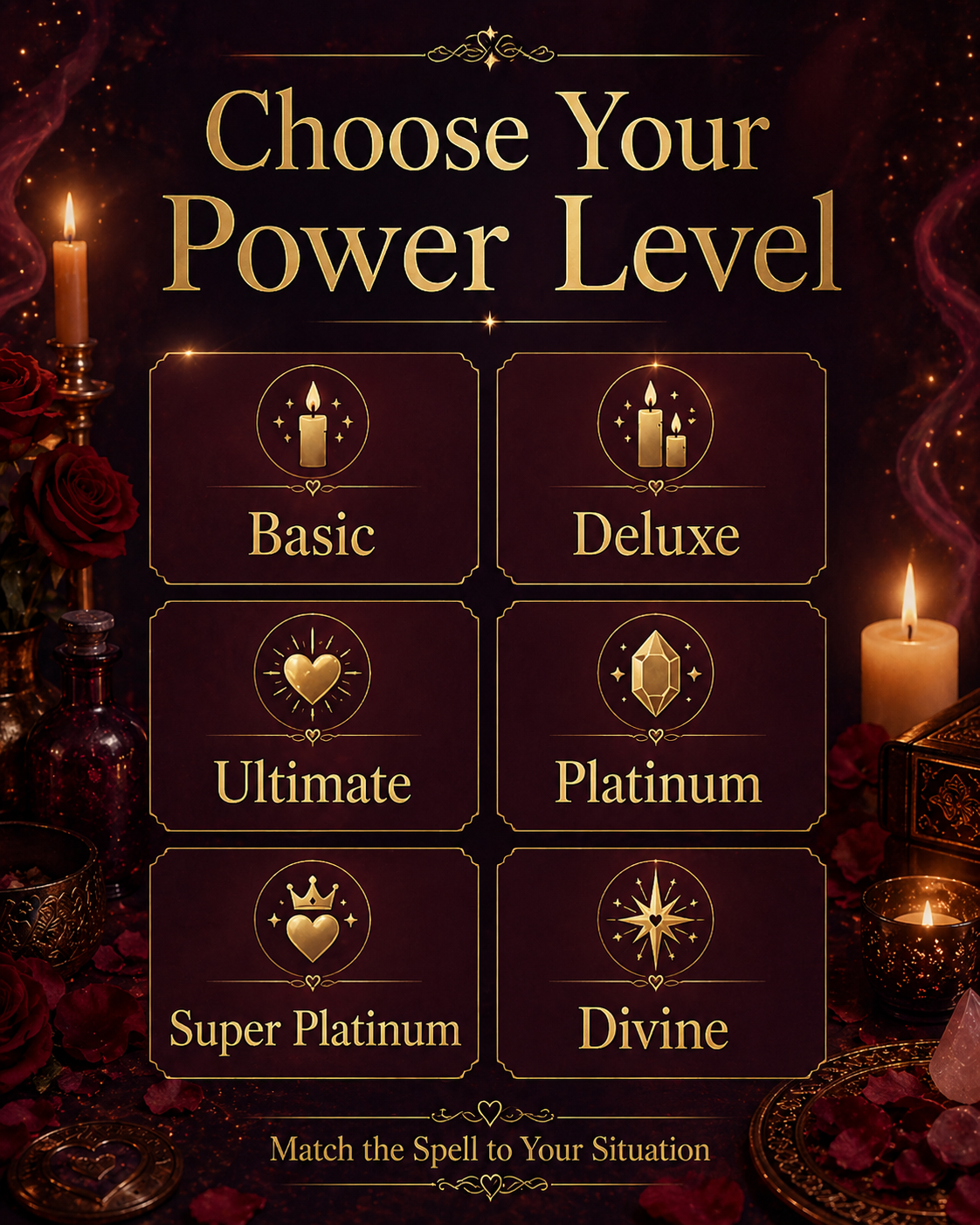 Power levels explained image for the Get Your Ex Back Spell, showing Basic, Deluxe, Ultimate, Platinum, Super Platinum, and Divine options to help match the spell to your situation.