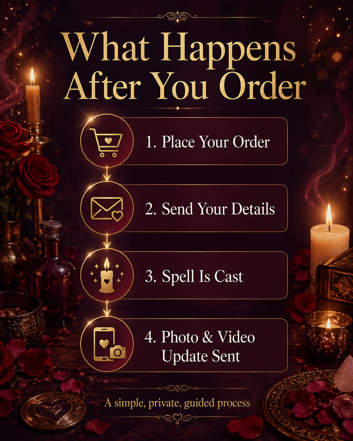 What happens after ordering the Get Your Ex Back Spell, showing the steps to place your order, send your details, spell is cast, and photo and video update sent.