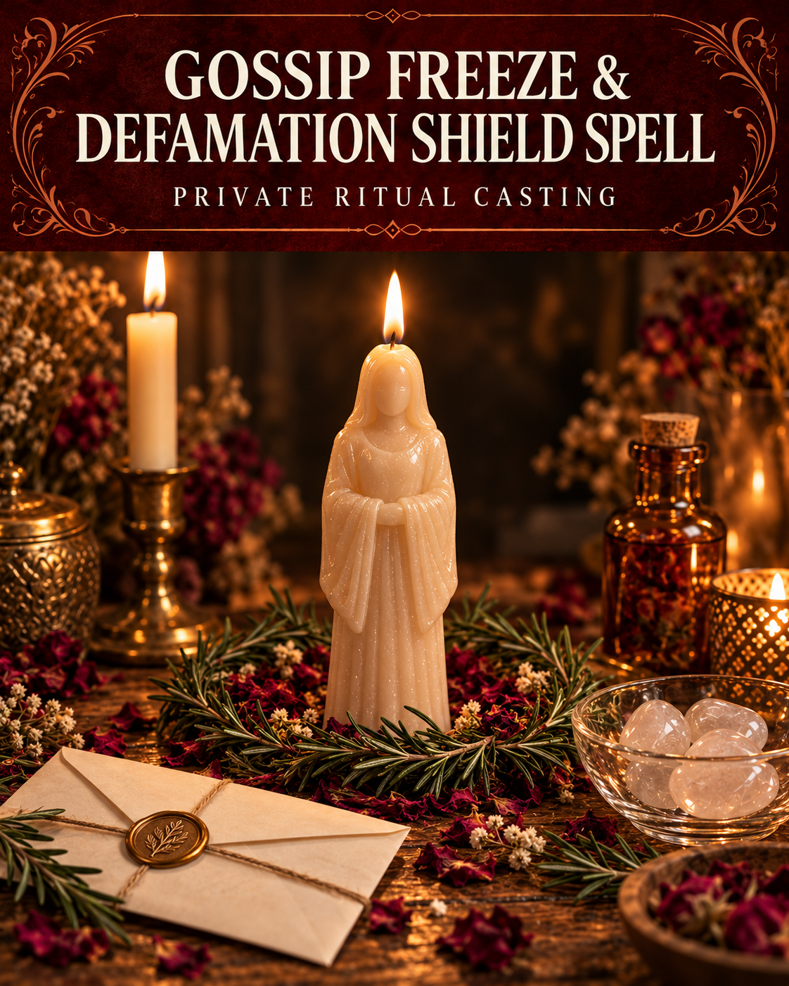 Gossip Freeze & Defamation Shield Spell private ritual casting artwork with stylized figure candles on a warm wooden altar and a burgundy title banner.