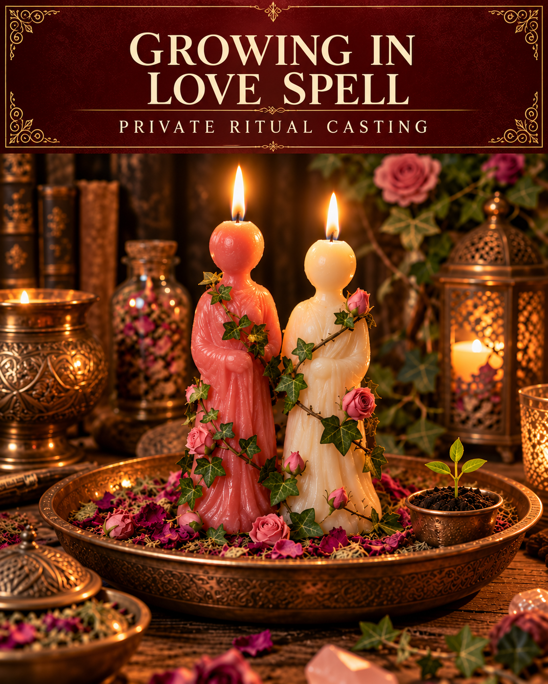 Growing In Love Spell private ritual casting artwork with stylized wax figure candles on a warm wooden altar