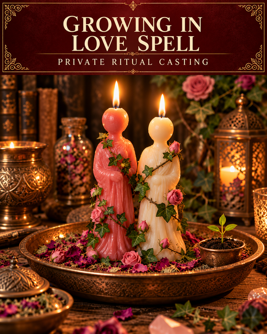 Growing In Love Spell private ritual casting artwork with stylized wax figure candles on a warm wooden altar