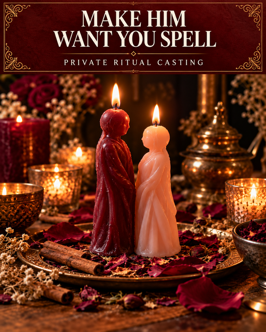 Make Him Want You Spell private ritual casting artwork with stylized wax figure candles on a warm wooden altar