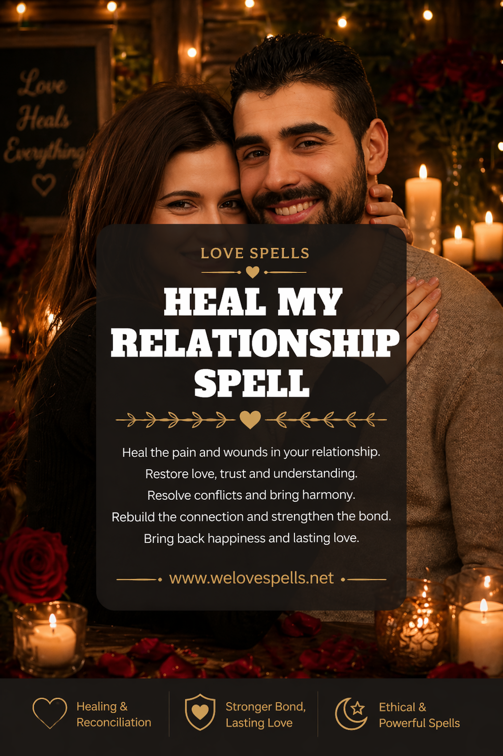 Romantic couple embracing in a warm candlelit setting symbolizing emotional healing, reconciliation and a heal my relationship love spell to restore love, trust and connection by Belinda